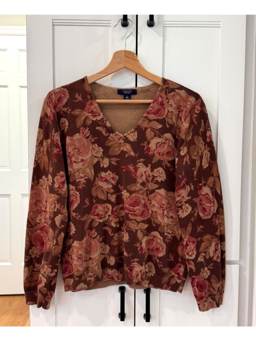 Vintage Y2K 100% Cotton V-Neck Womens Fall Sweater Brown Floral Size Large